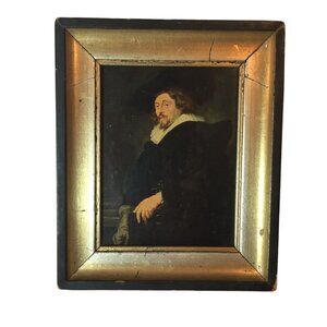 18th Century Antique Portrait Oil Painting Man In Ruff Collar Wood Frame 6 x 7 S